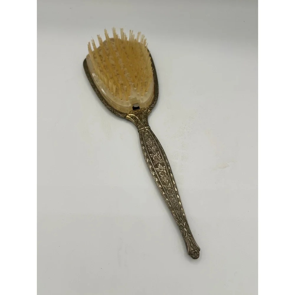 Vintage Ornate Silver Tone Floral Repousse Hair Brush Nylon Bristles Vanity